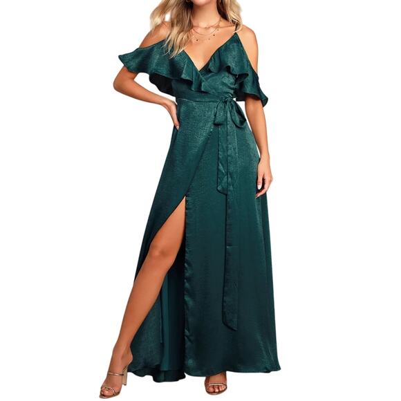 Lulus Off Shoulder Wrap Maxi Dress Size XS Green Satin Silky Flowy Formal Gown - Picture 1 of 16